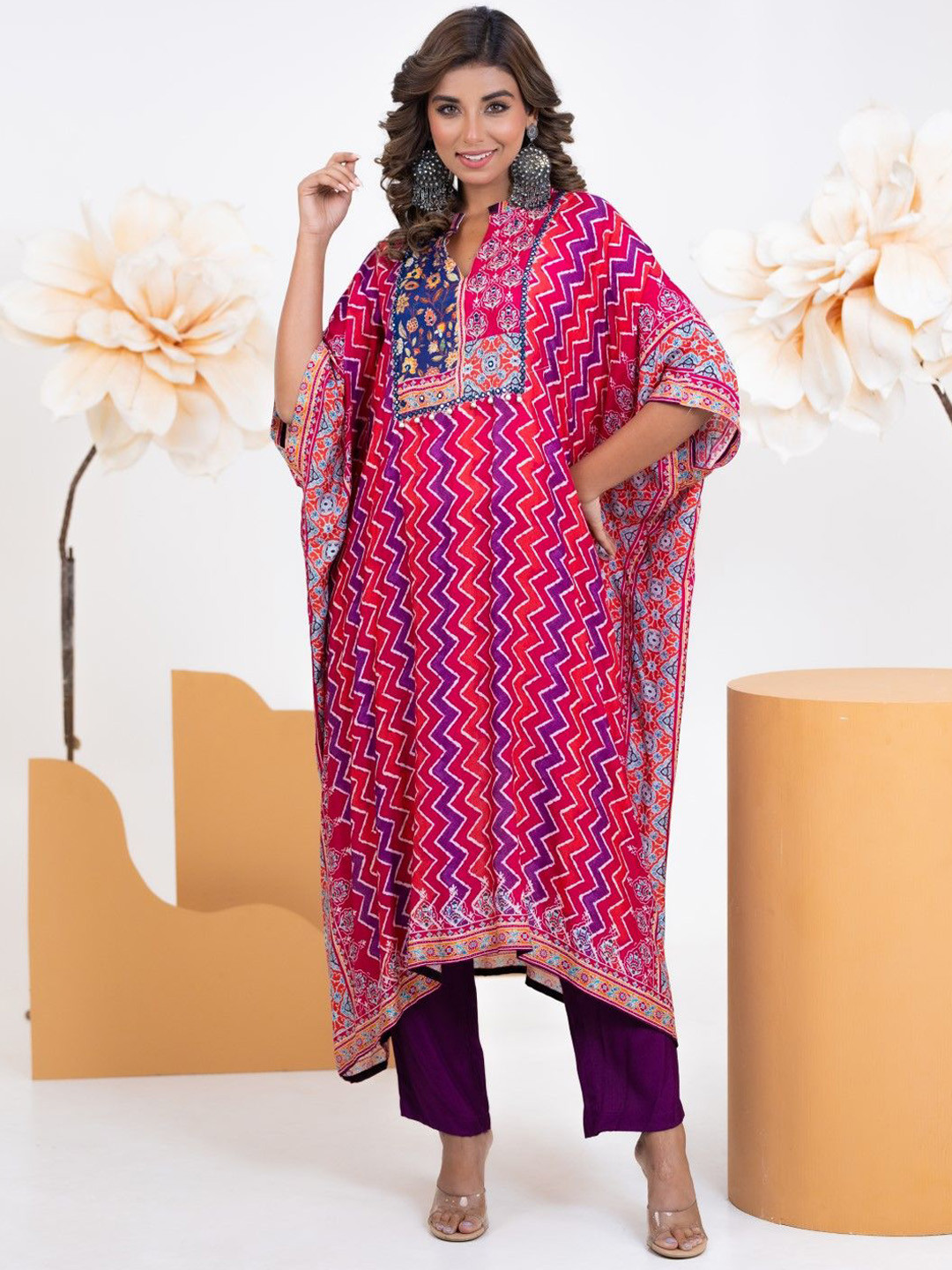 AUTUMN LANE Chevron Printed Mirror Work Kaftan Kurta With Trousers