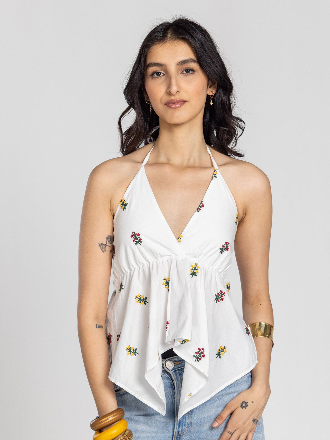 Past Modern Women Floral Printed Halter Neck Cotton Asymmetric Hem Top