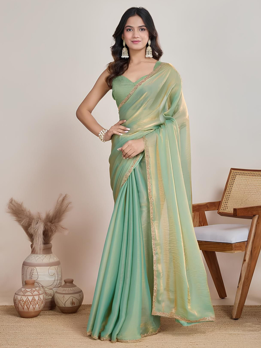 Sidhidata Women Embellished Tissue Saree With Blouse Piece
