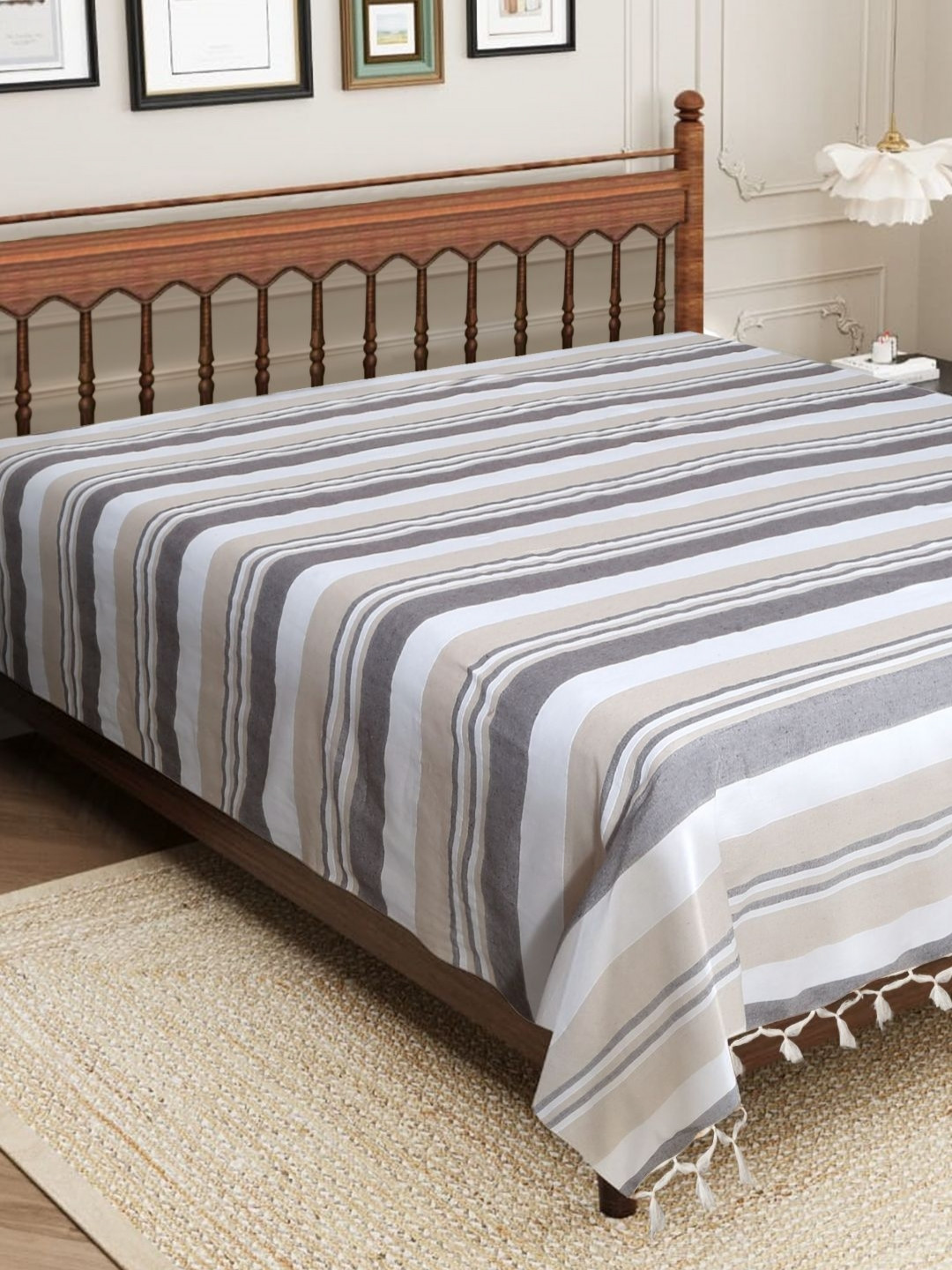 Aura Grey Striped Cotton 210 TC King Fine Bedsheet -90 x 100 inches