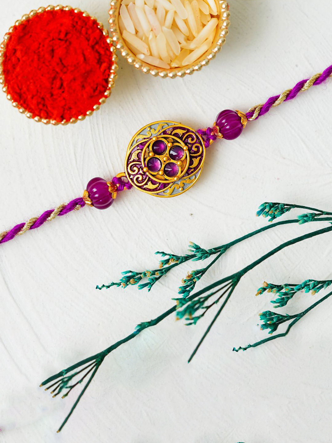 eCraftIndia Thread  Golden Diamond Beaded Brother Rakhi