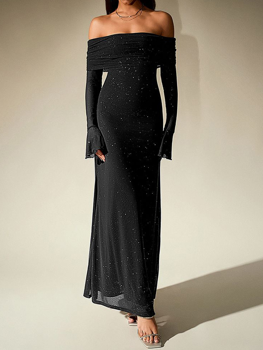 bebe Embellished Off-Shoulder Bell Sleeves Draped Maxi Dress