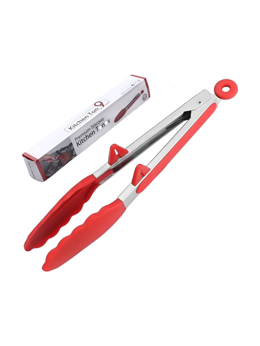 We3 Silver-Toned And Red Stainless Steel Tongs