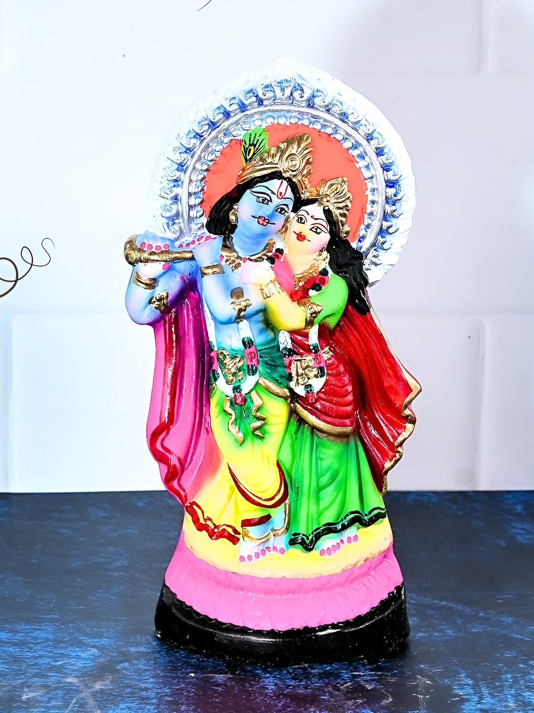 PujaNPujari Radha Krishna Golu Doll Gold Clay Matte Prayer Room Medium Showpiece - 3.9 Inches