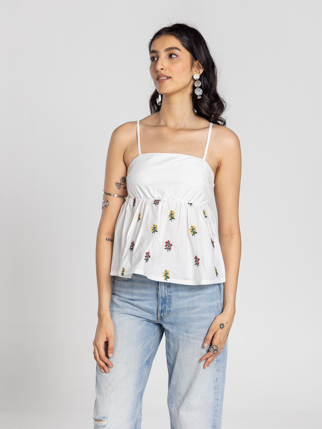 Past Modern Women Floral Printed Shoulder Straps Gathered or Pleated Cotton Peplum Top