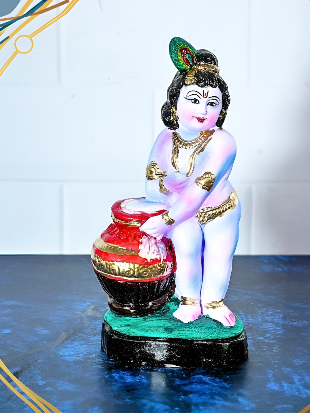 PujaNPujari Butter Eating Krishna Blue Ceramic Natural Prayer Room Medium Showpiece - 5.5 Inches