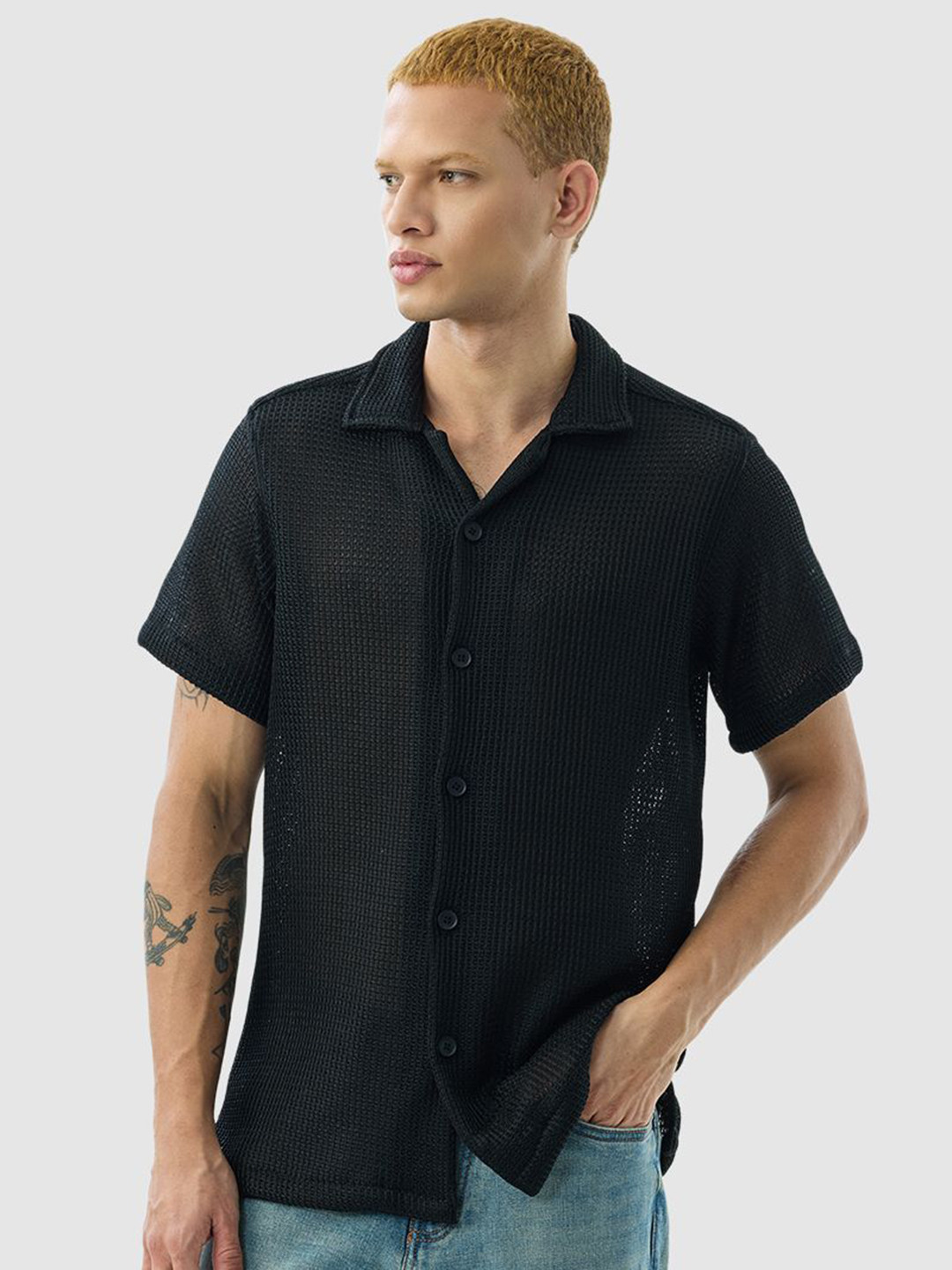 Snitch Textured Boxy Semi Sheer Knitted Party Shirt