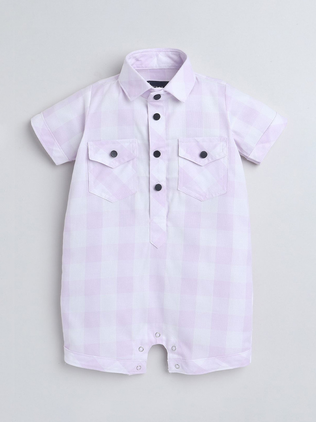 Polka Tots Unisex Kids Pink Half Sleeve Checks Print Shirt Romper With Bow