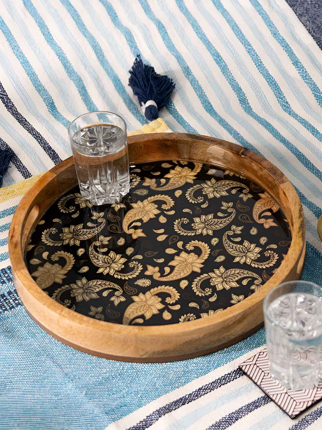 THREADVIBE LIVING Black & Brown Paisley Printed Mango Wood Wooden Round Tray