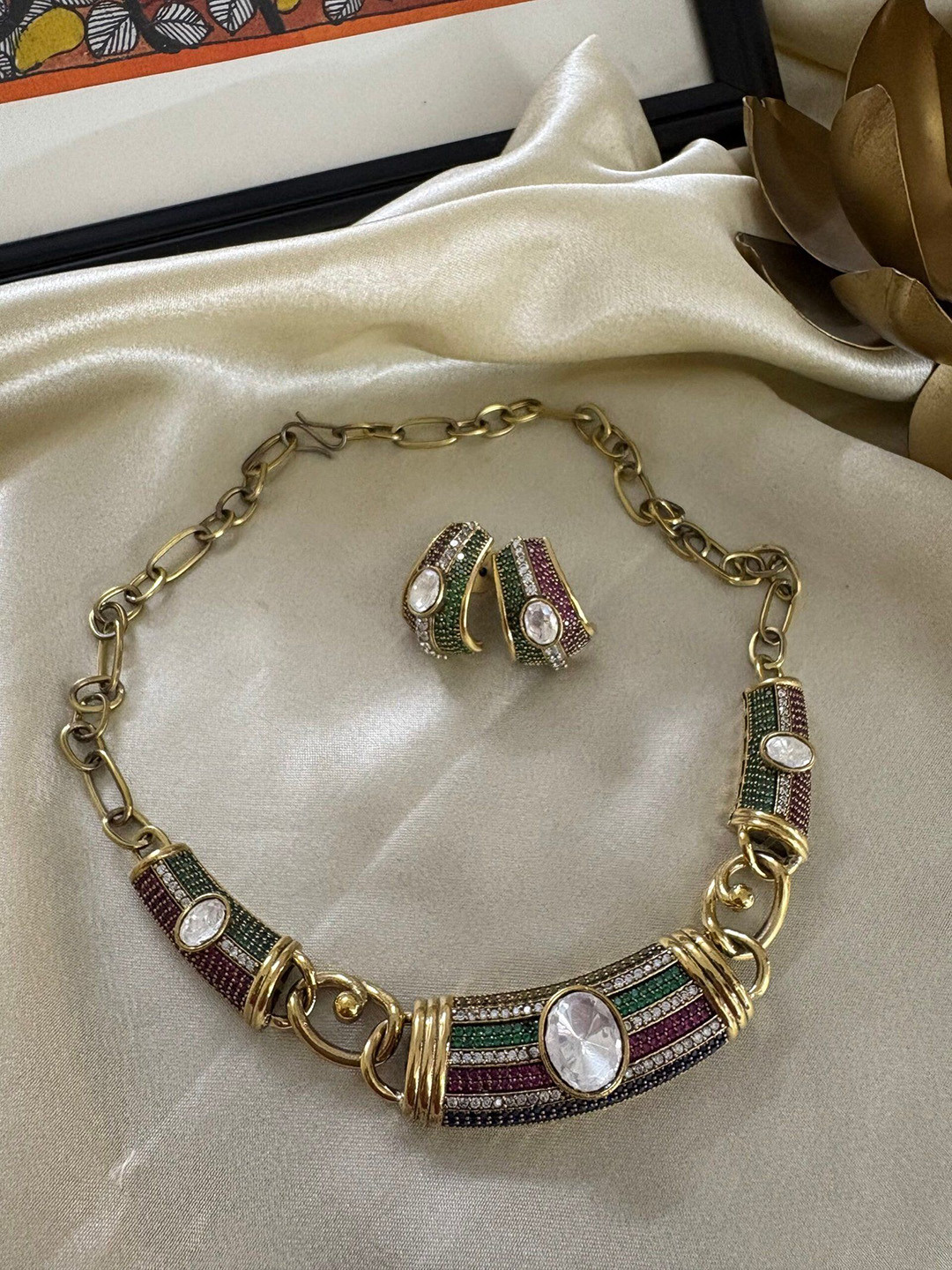 JOSYA Gold-Plated American Diamond-Studded Polki Jewellery Set