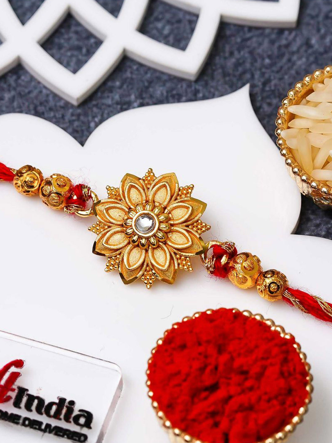 eCraftIndia Stone Studded Beautiful Flower Design Bhaiya Bhabhi Rakhi