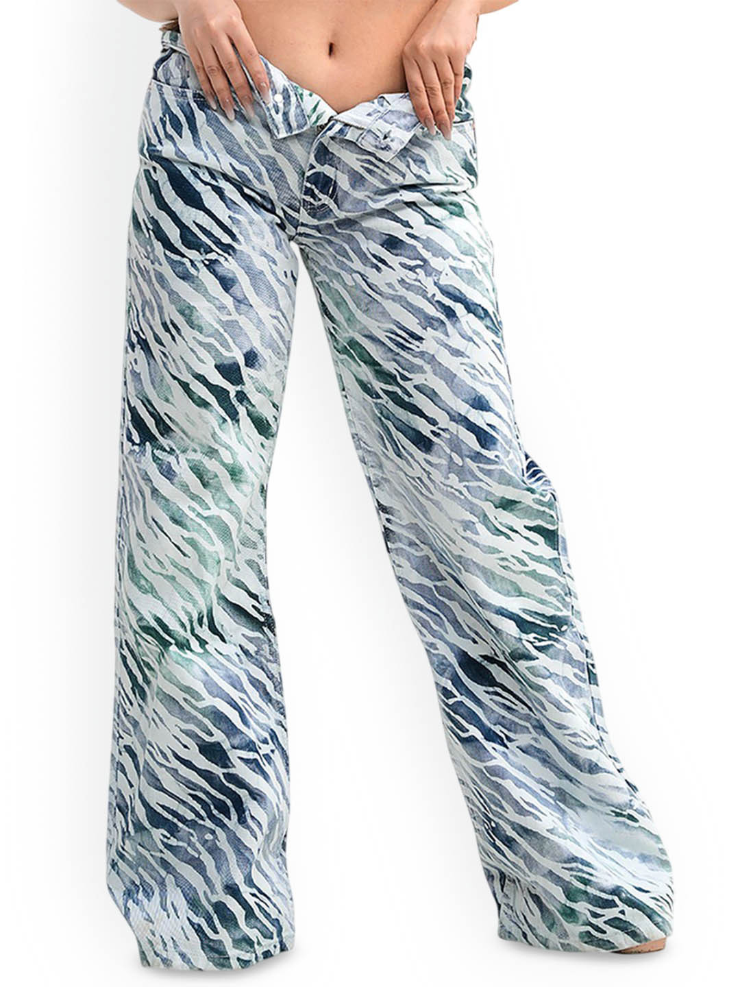 DAYER Women Zebra Print Wide Leg High-Rise Heavy Fade Jeans