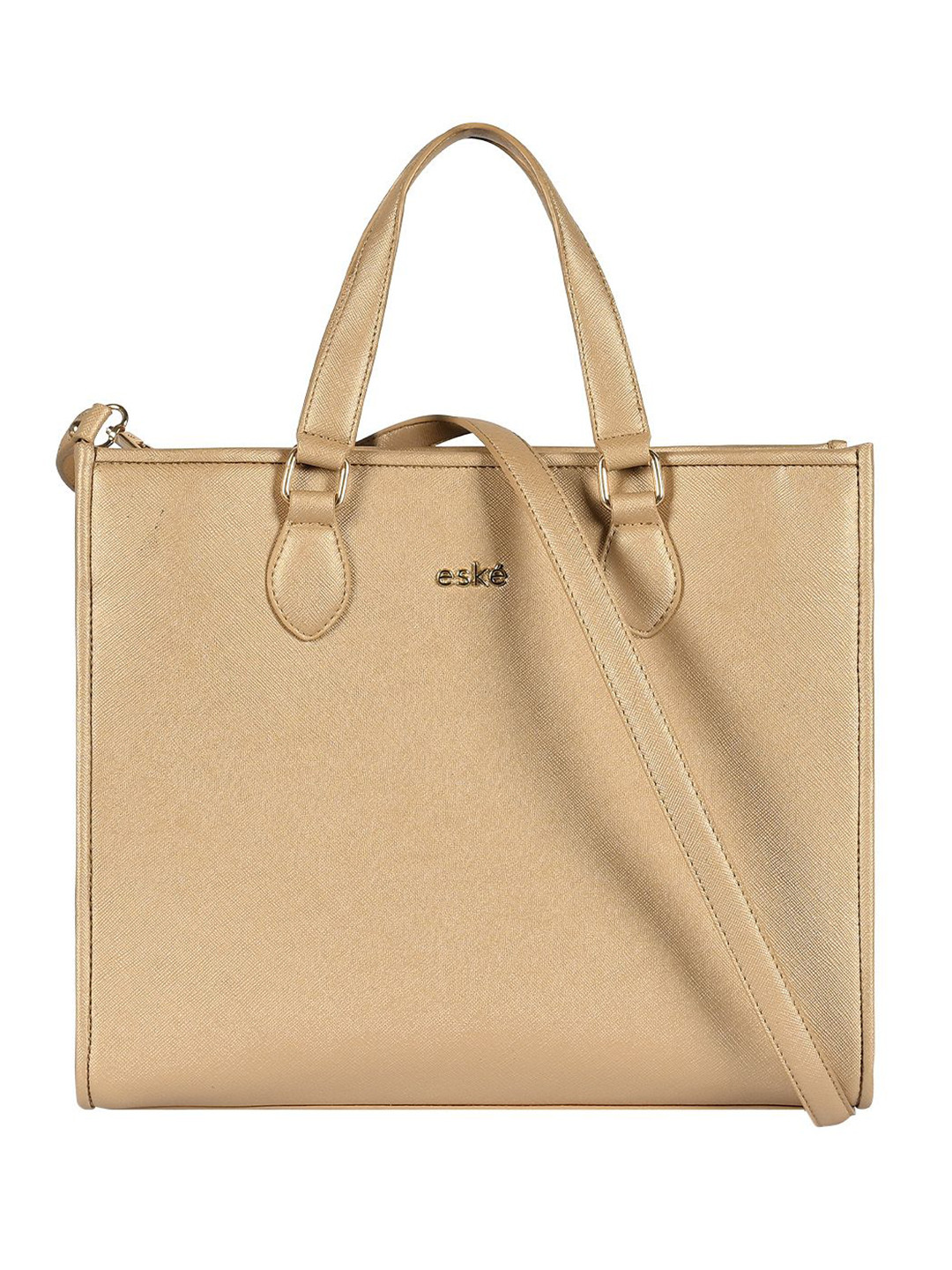 eske Women Gold Solid Sling Strap Magnetic Closure Leather Office Daily Tote Bag