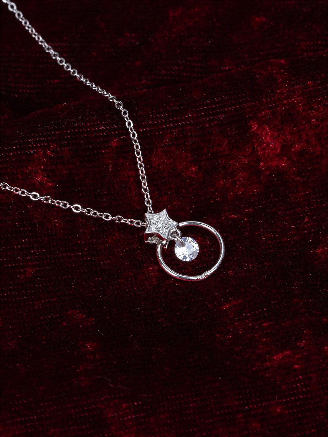 GLYTERS 925 Sterling Silver Rhodium-Plated CZ-Stone Studded Stellar Sparkle Pendant Chain