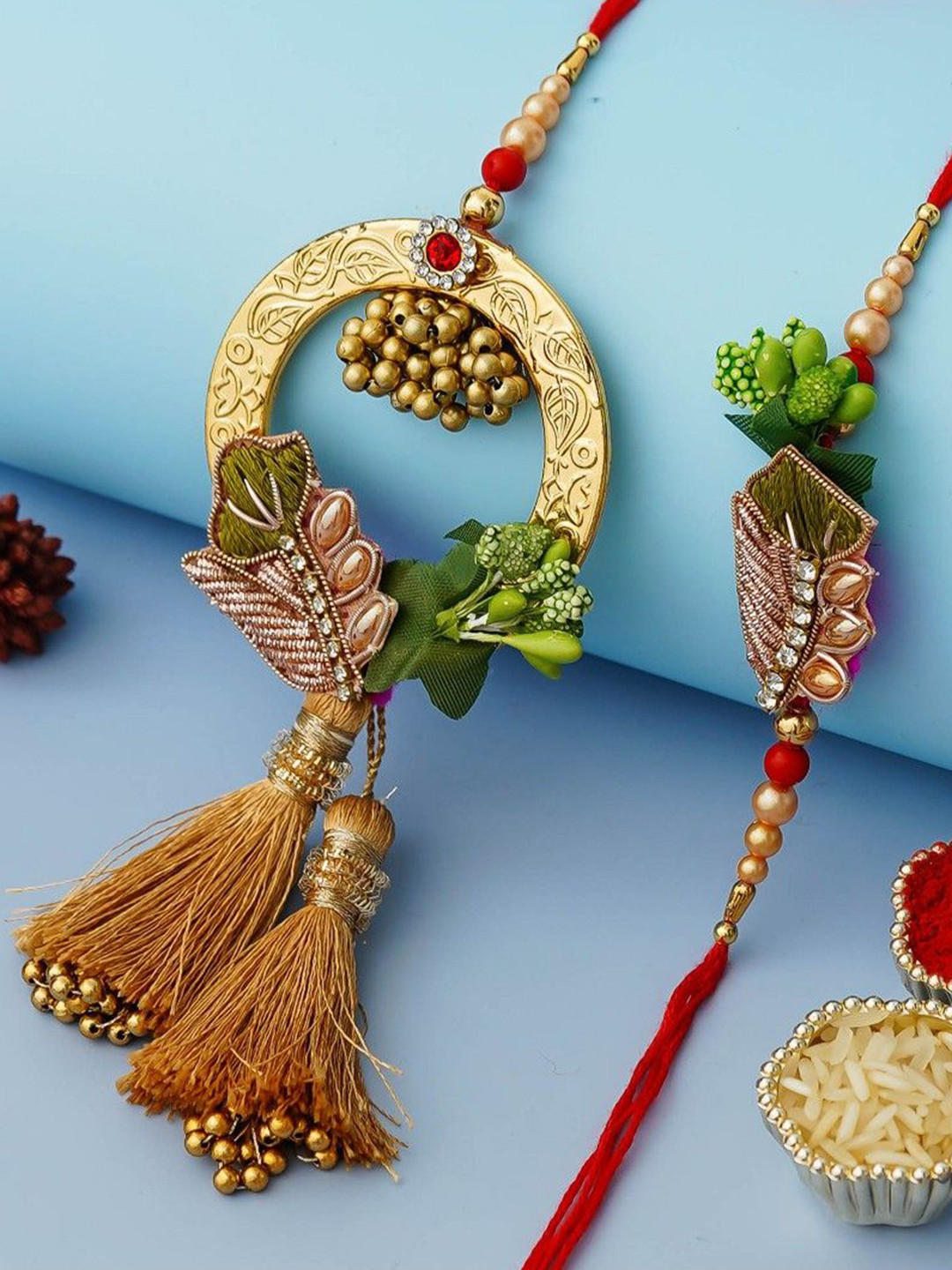 eCraftIndia Set Of 2 Golden Designer Brother and Bhabhi Rakhi