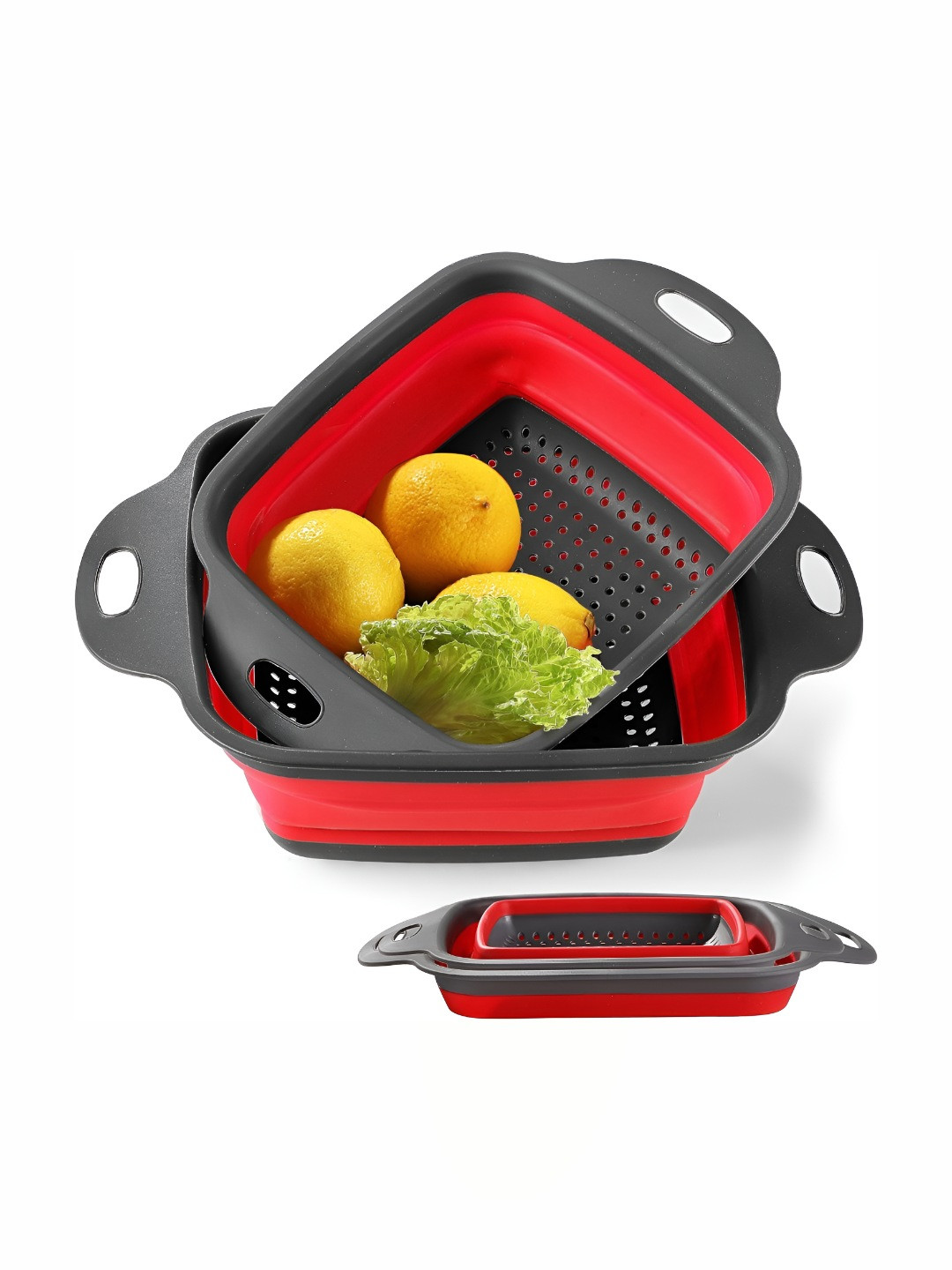 We3 Red & Grey 2 Pieces Easy To Clean Core Silicone Fruit & Vegetable Basket