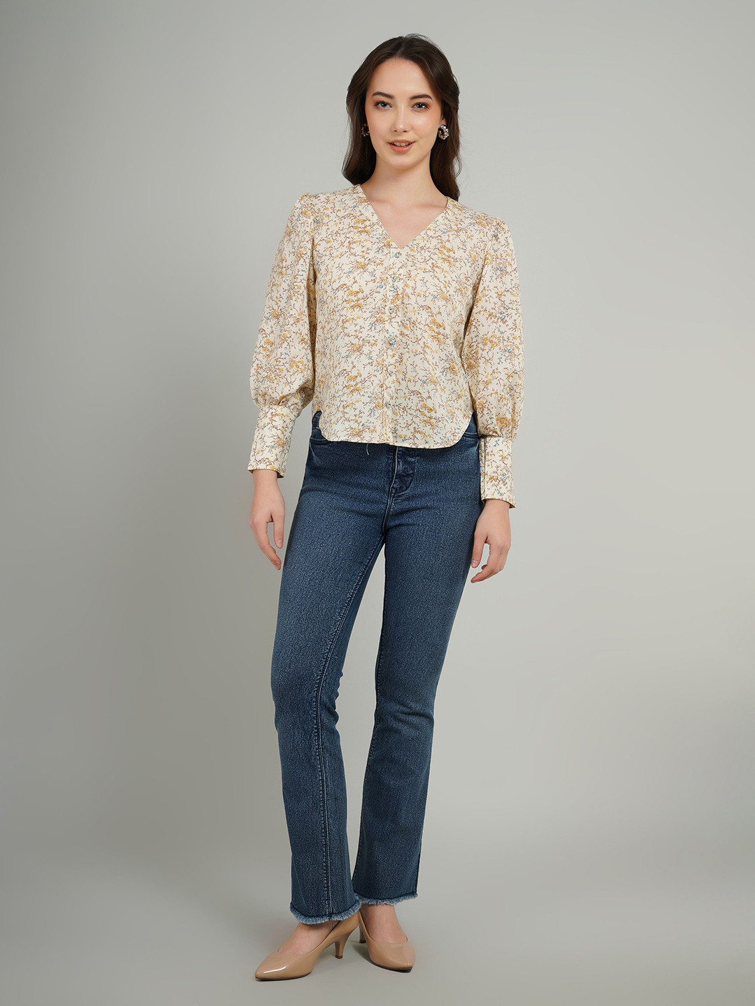 Gora Glama Women Floral Printed Shirt Style Cotton Top