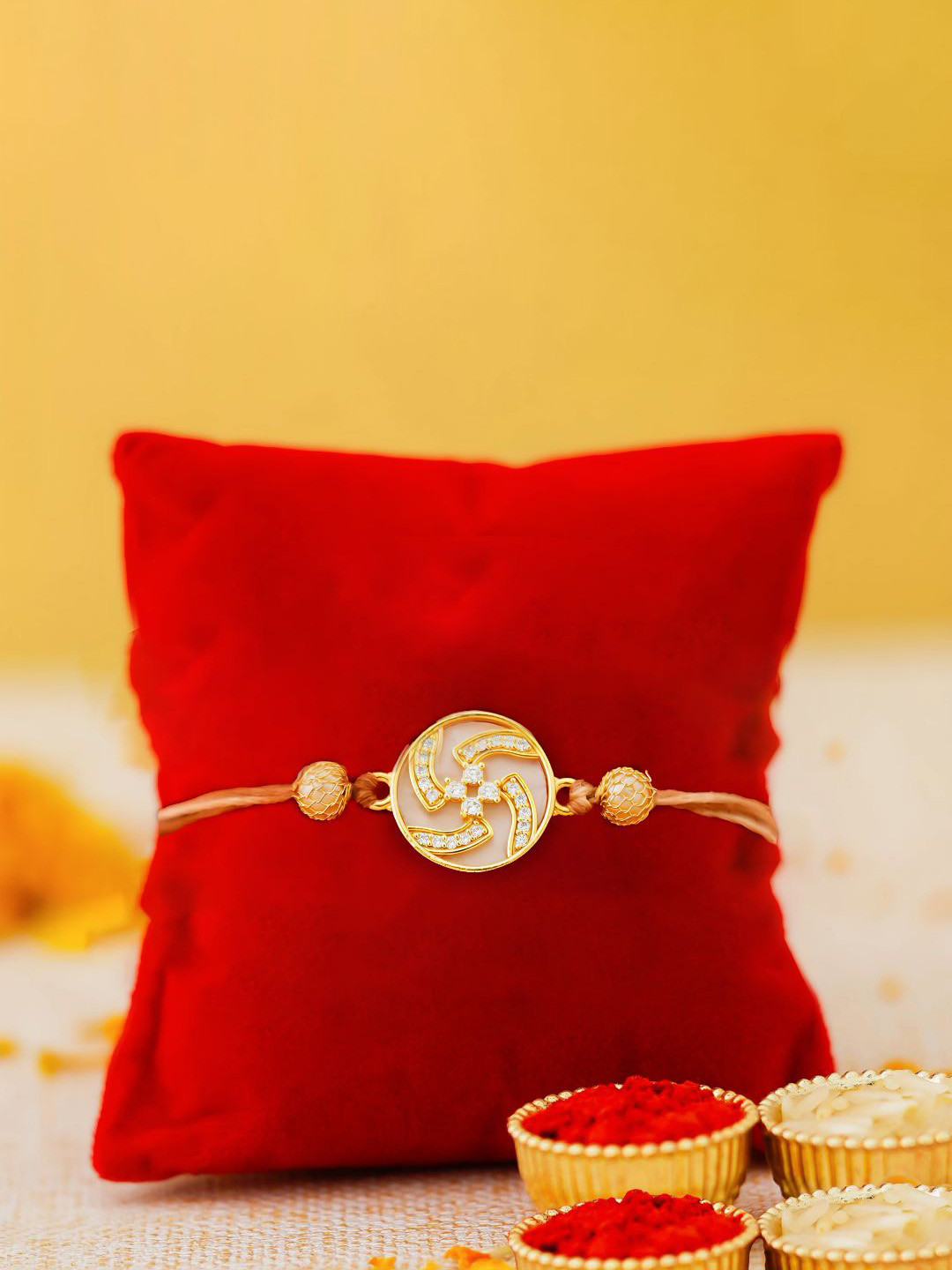 eCraftIndia Set of 2 Stone Studded Swastika Design Thread Rakhis