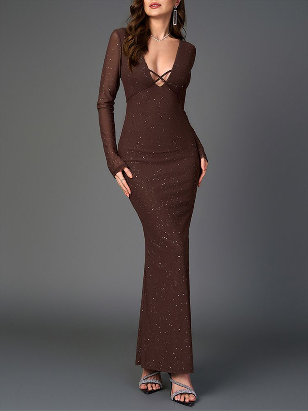 bebe Brown Glitter Plunge V-Neck Criss-Cross Bust Bodycon Maxi Dress