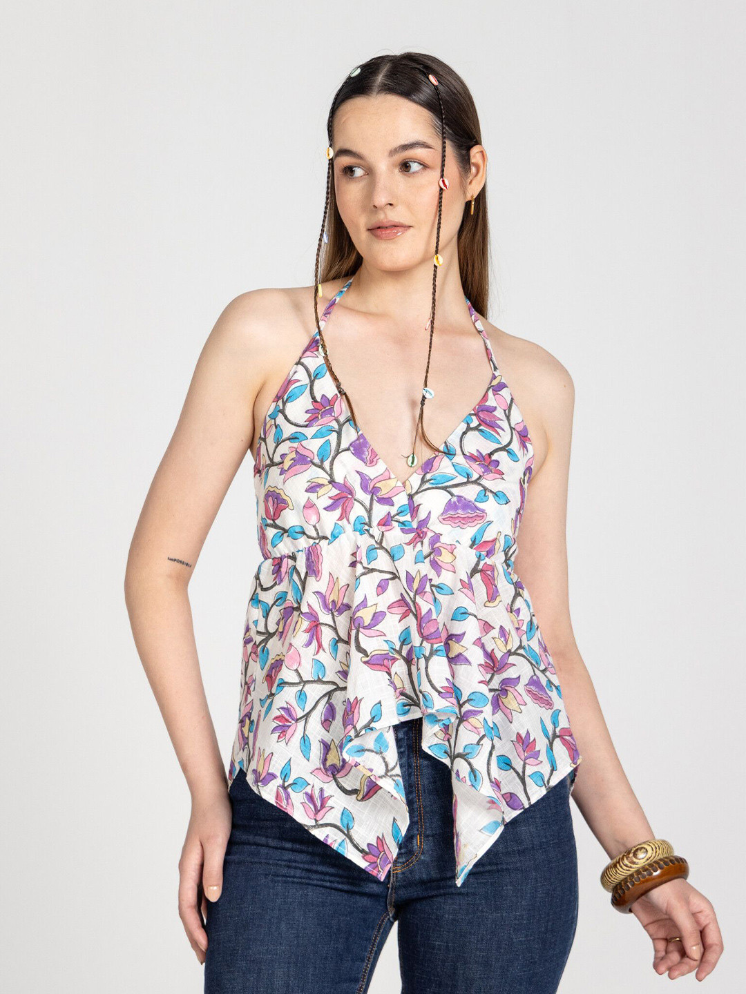 Past Modern Floral Printed Cotton High-low Top
