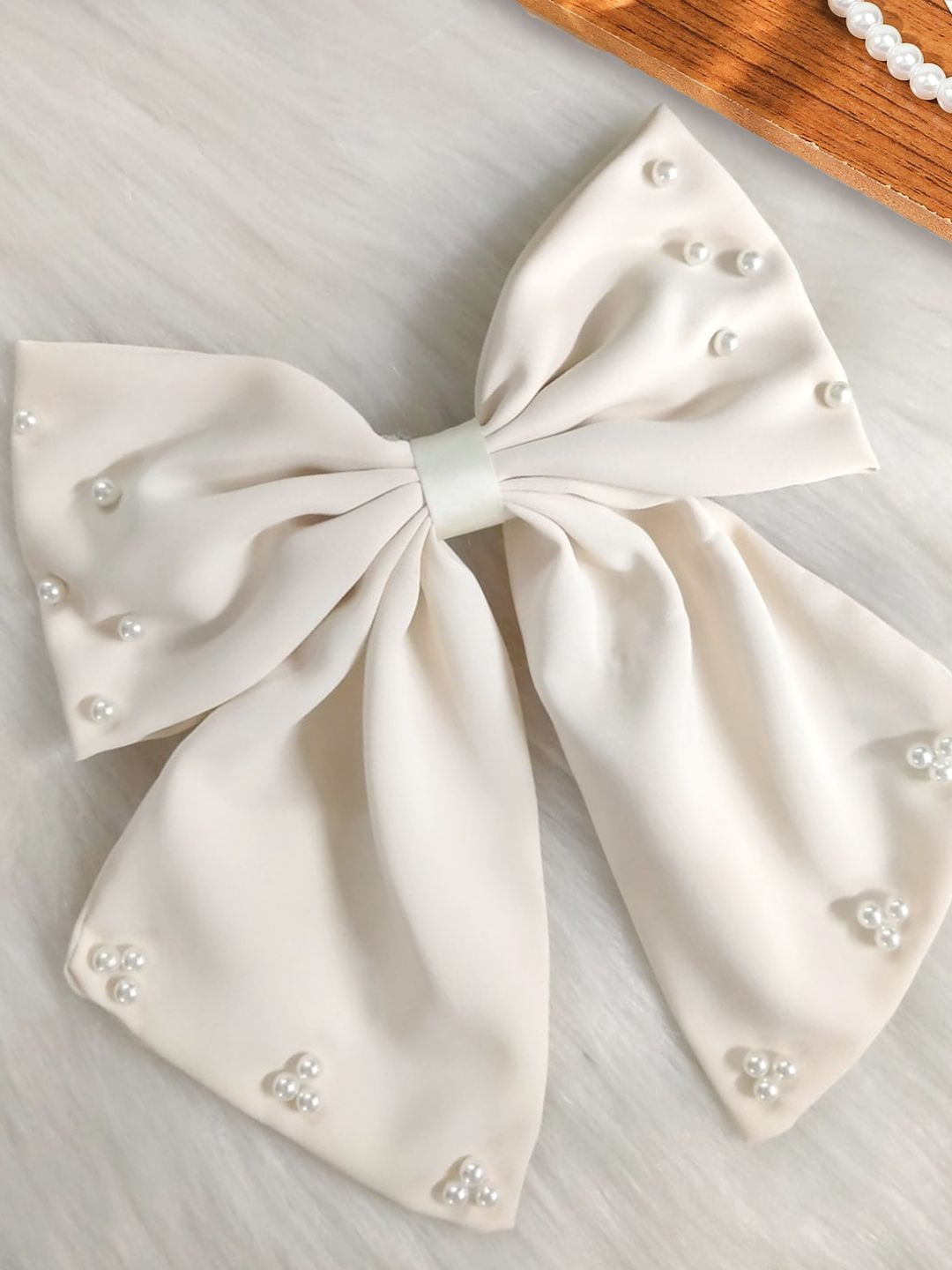LYKAA Set of 1 Off White Stylish Hair Bow With Pearls Rhinestones