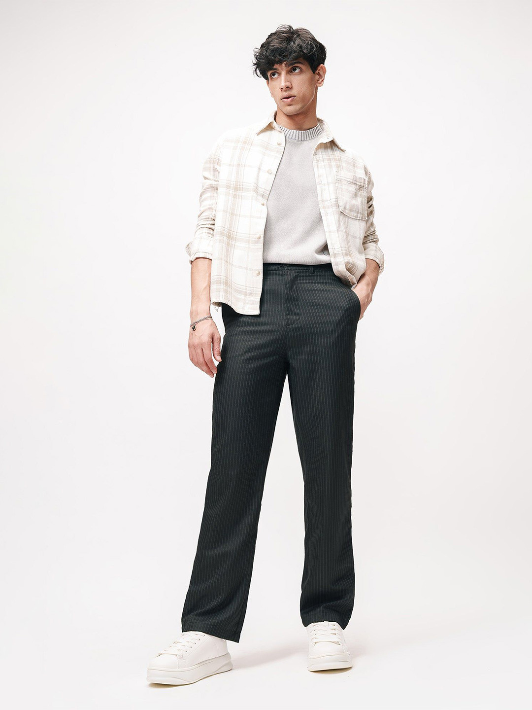 FREAKINS Dapper Men Black Pinstripe Straight Fit Mid-Rise Korean Pants