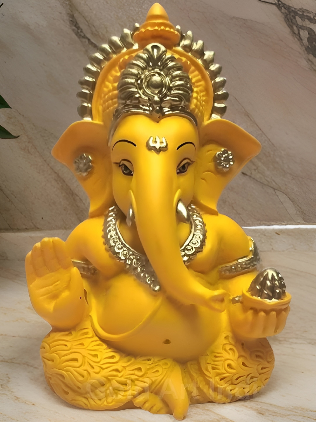 SSS SCULPTURE Haldi Ganesh Yellow Ceramic Glossy Prayer Room Tiny Showpiece - 3.5 Inches