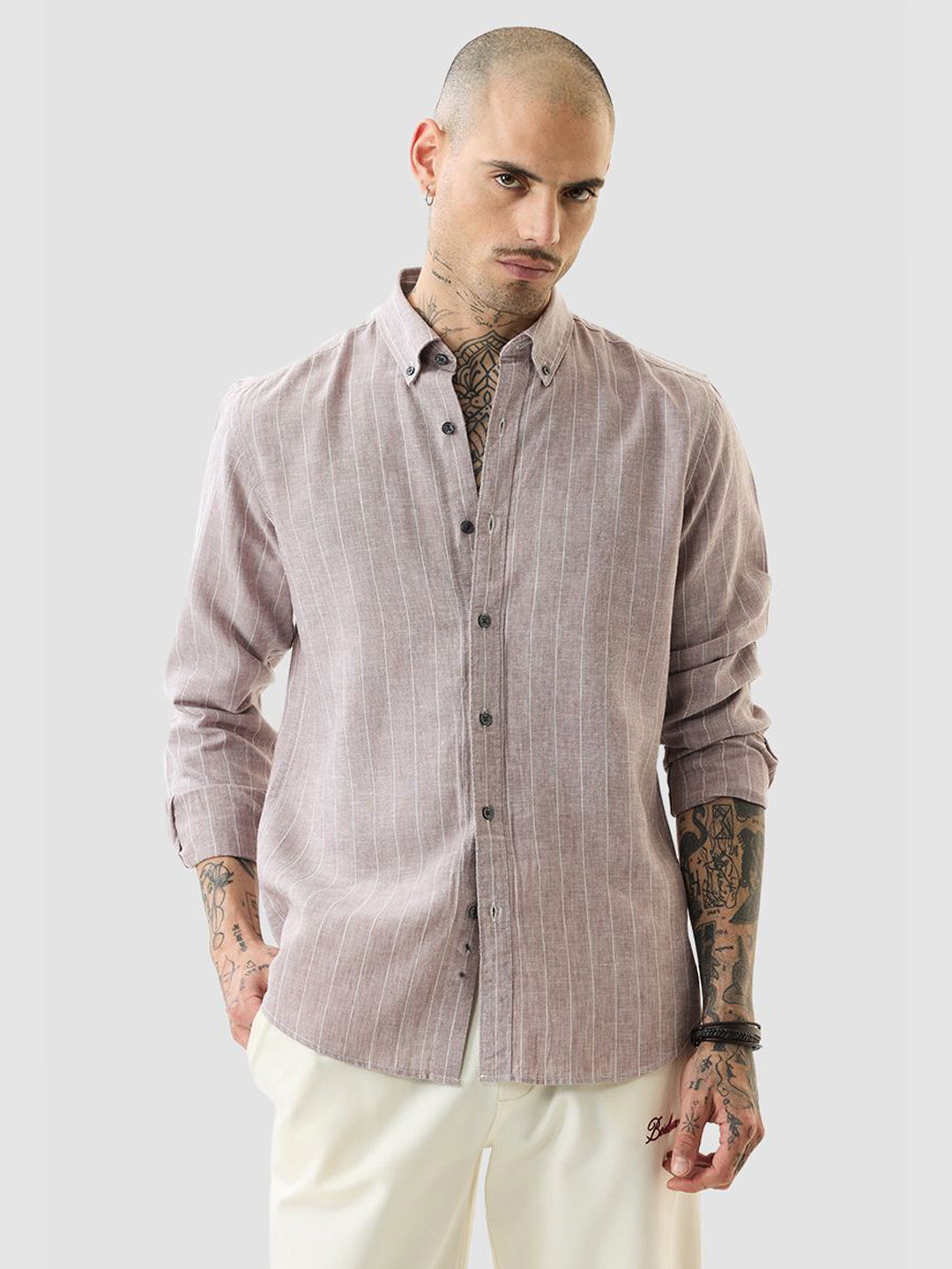 Snitch Men Light Brown Pinstripe Shirt