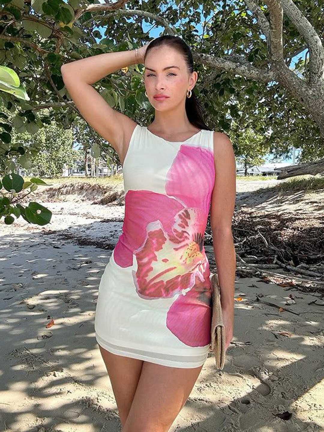 Outzidr Pink Placement Print Fitted Dress