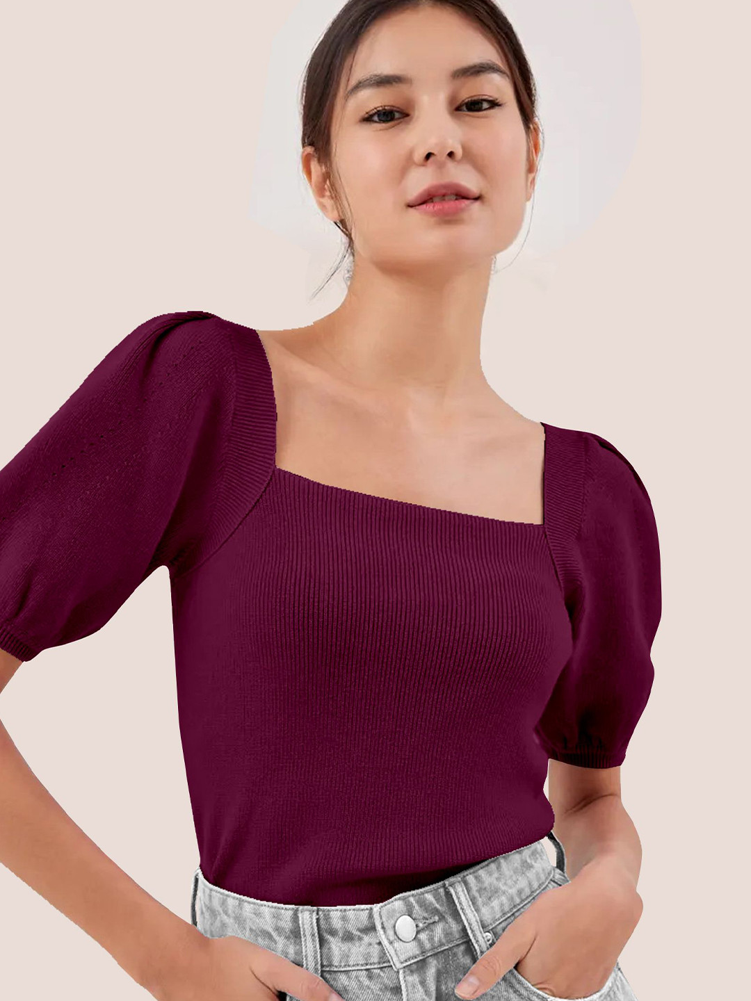 The Cloth Crow Square Neck Puff Sleeve Cotton Top