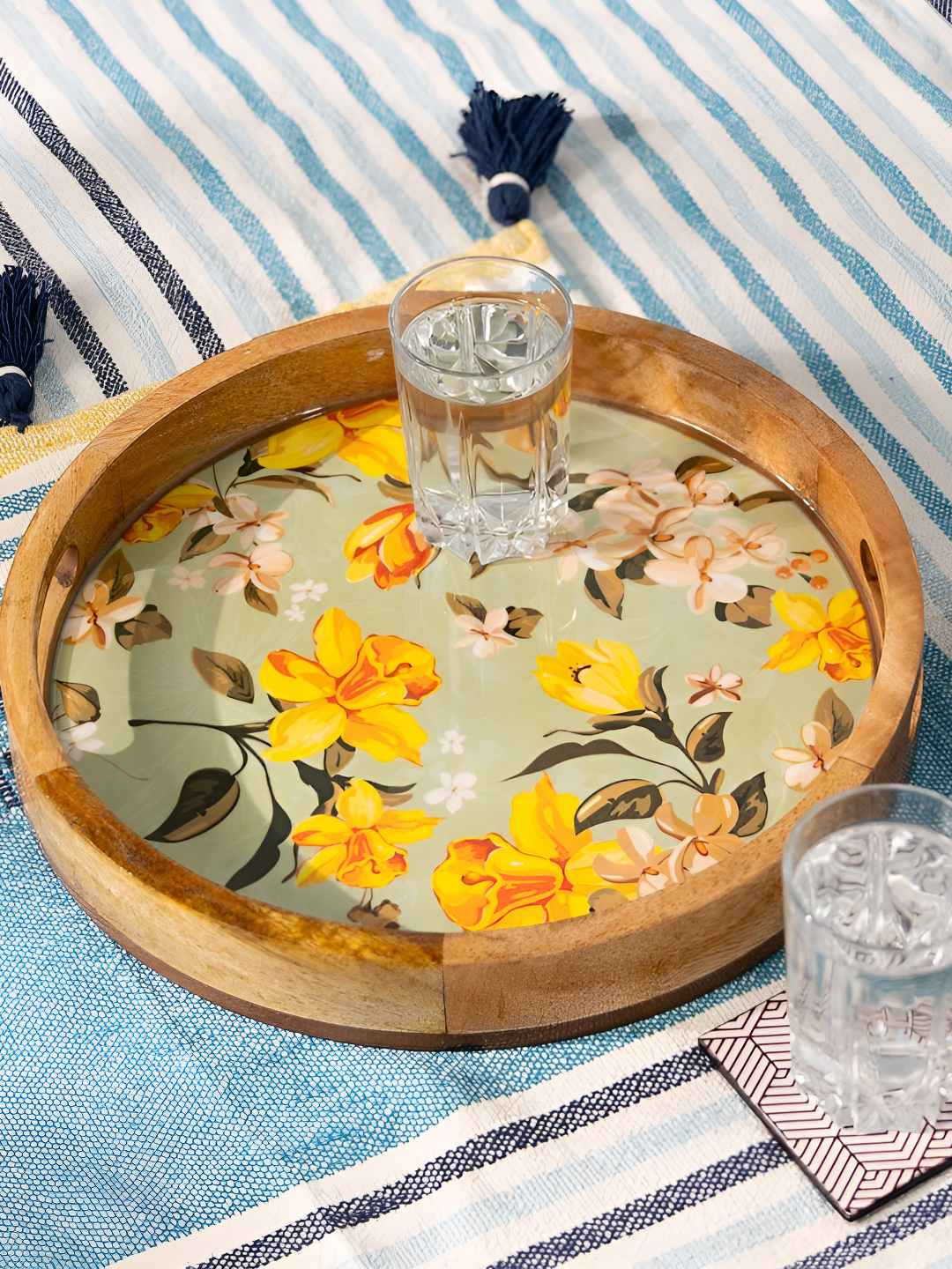 THREADVIBE LIVING Yellow & Green Floral Printed Mango Wood Wooden Round Tray