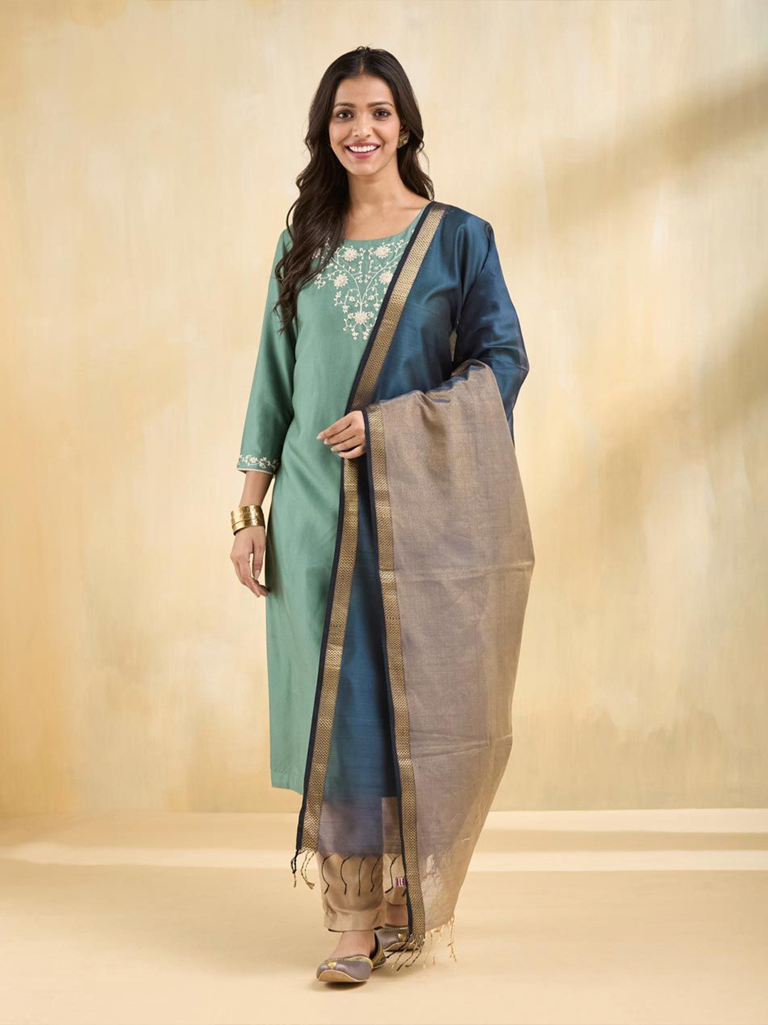 Fabindia Colourblocked Cotton Silk Dupatta With Zari