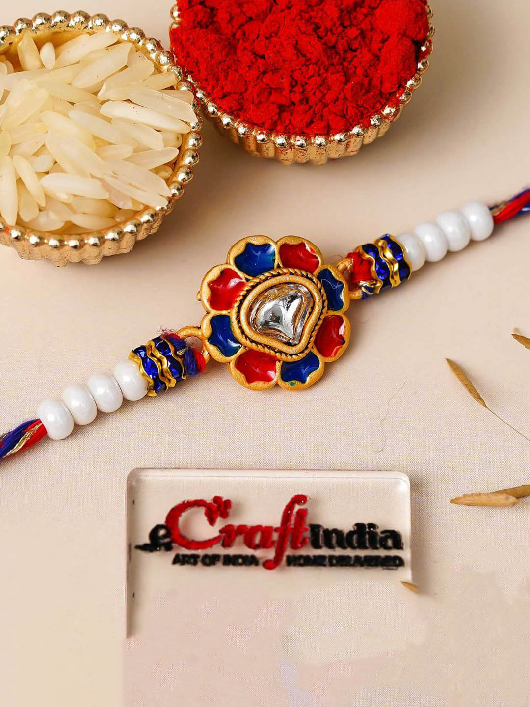 eCraftIndia Flower Kundan Pearl Designer Thread Rakhi With Roli Chawal