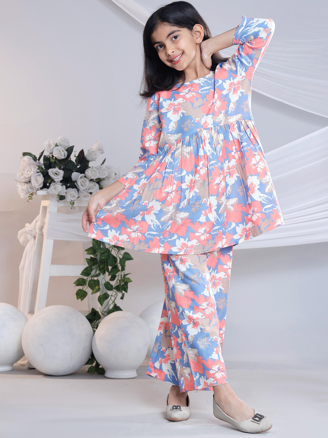 Based Girls Printed Pure Cotton Kurta & Trousers Set