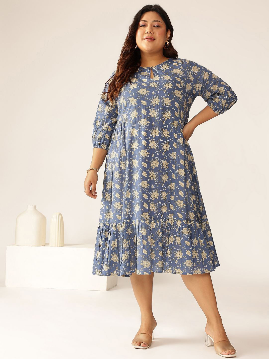 KALINI Women Plus Size Floral Print Keyhole Neck Puff Sleeve Fit & Flare Midi Dress