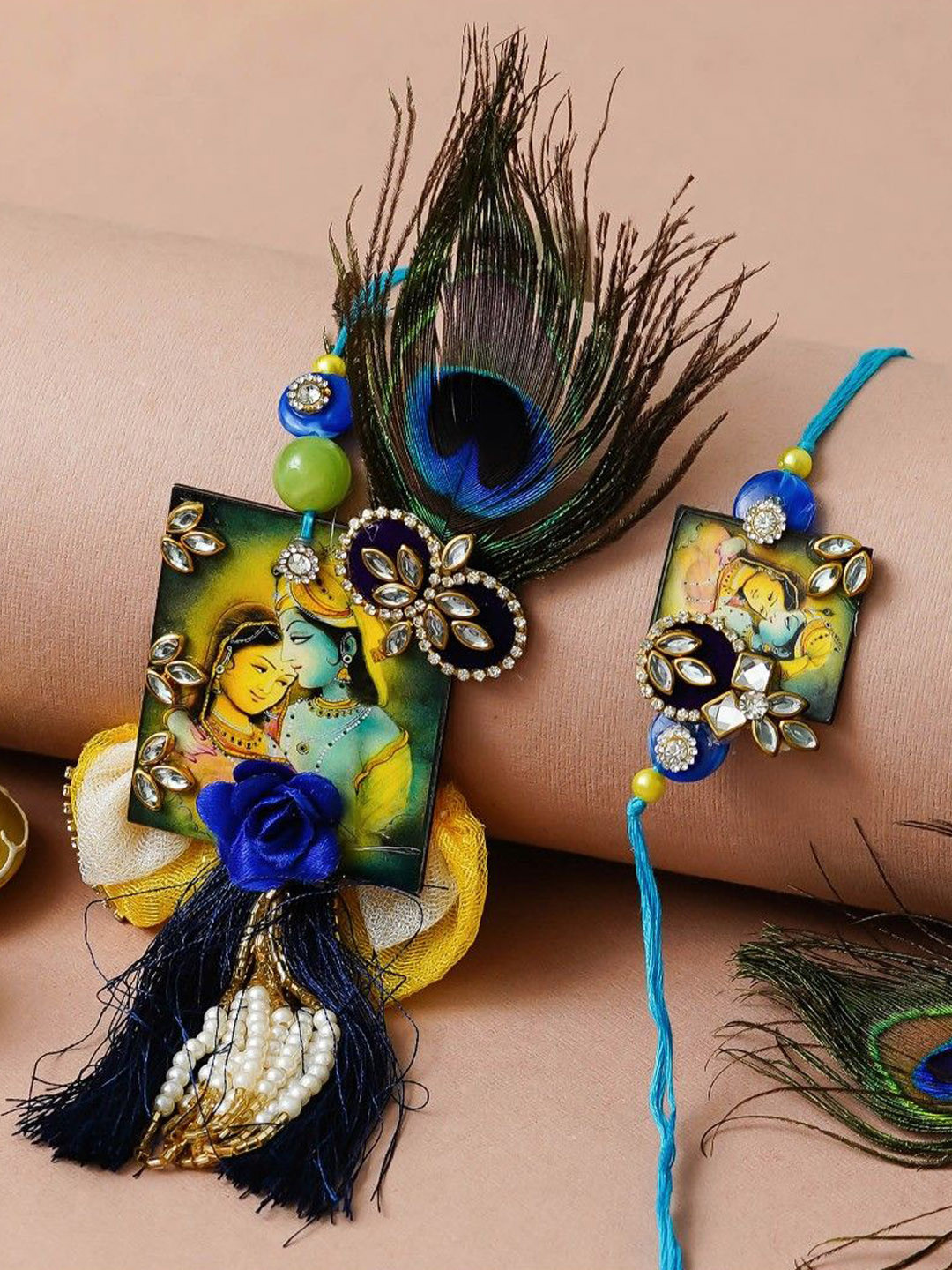 eCraftIndia Set of 2 Stone Studded Radha Krishna Design Thread Rakhis