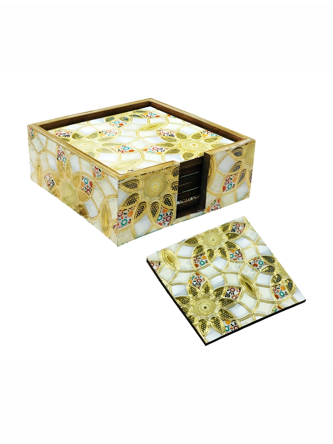 ShopMeFast Set Of 6 Off white Printed Square Shape Wooded Coasters