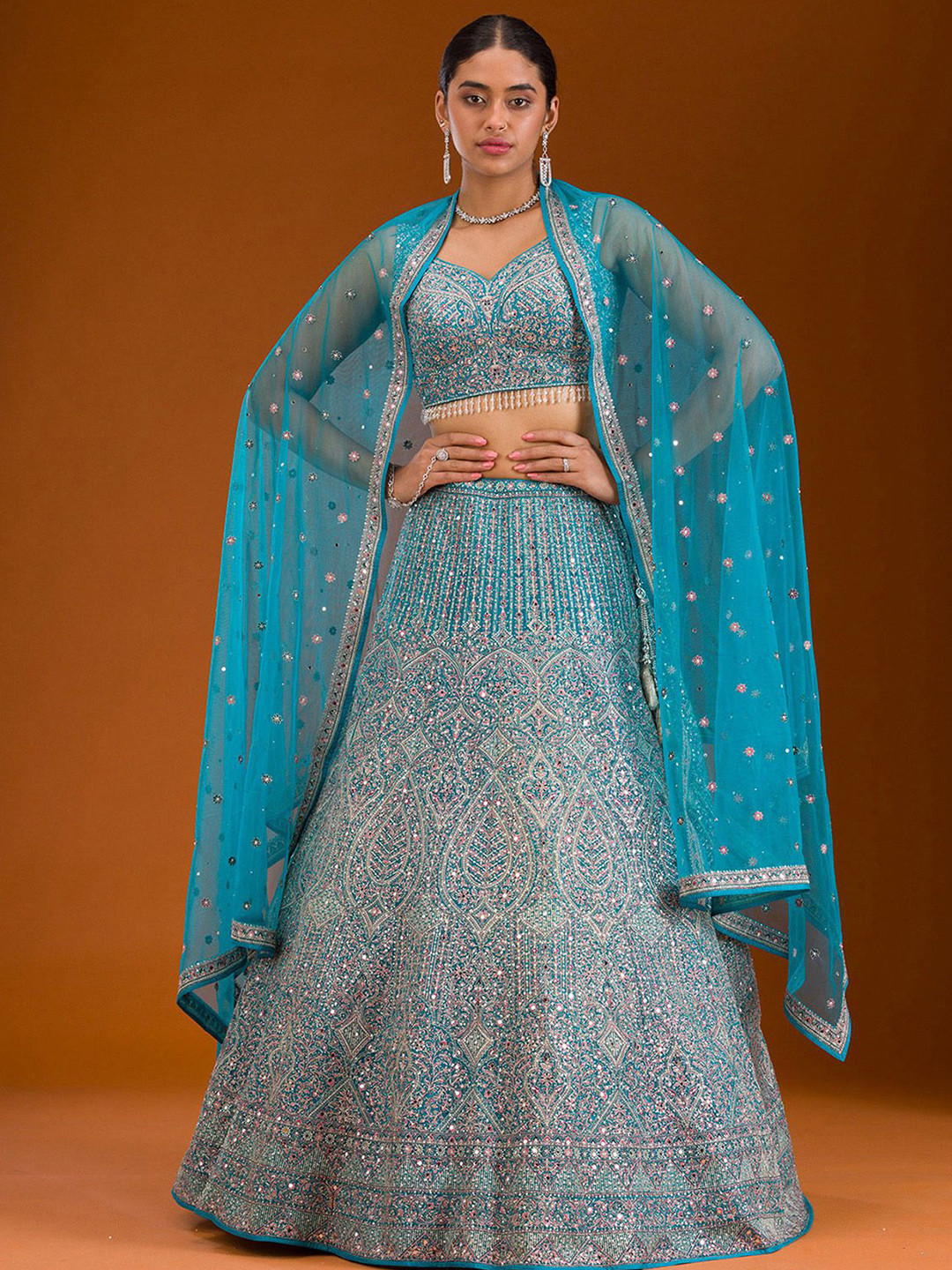 Koskii Embroidered Beads and Stones Net Ready to Wear Lehenga & Blouse With Dupatta