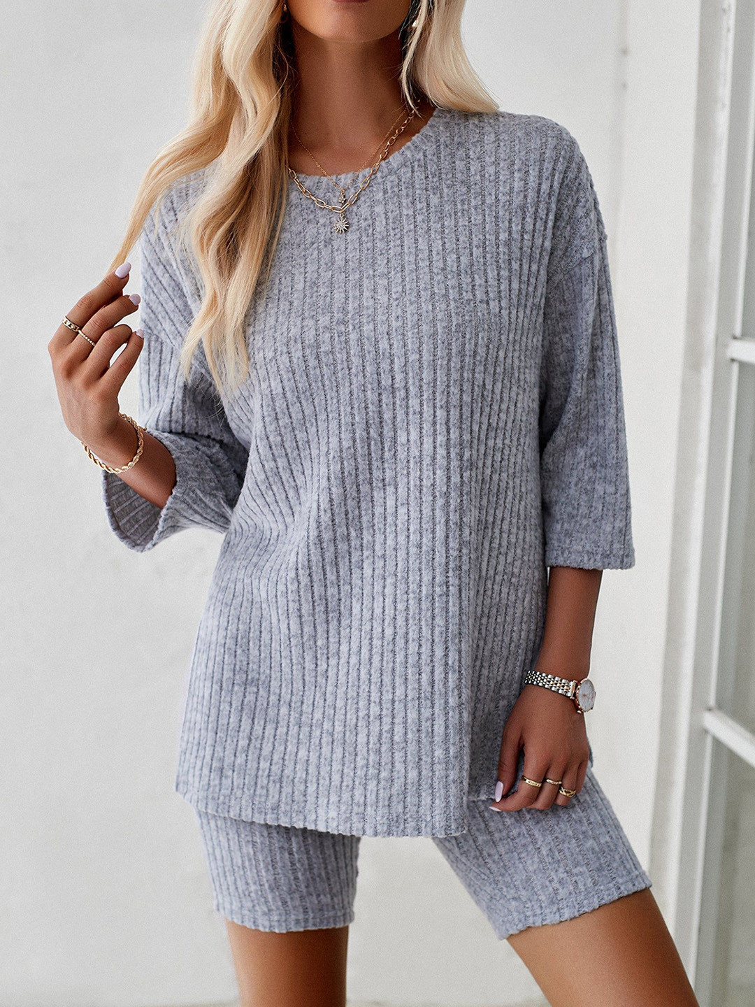 Outzidr Casual Ribbed Sweater & Shorts Co-Ord Set