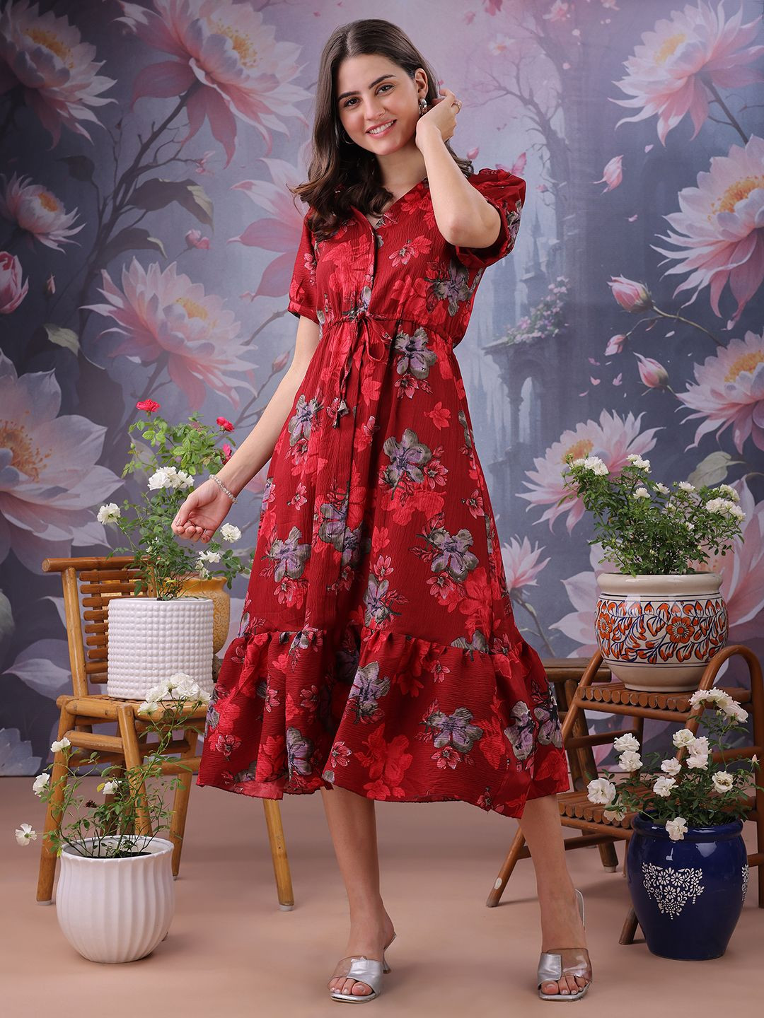 DEKLOOK Flolral Printed Tie-Ups Detail Cotton Fit & Flare Midi Dress