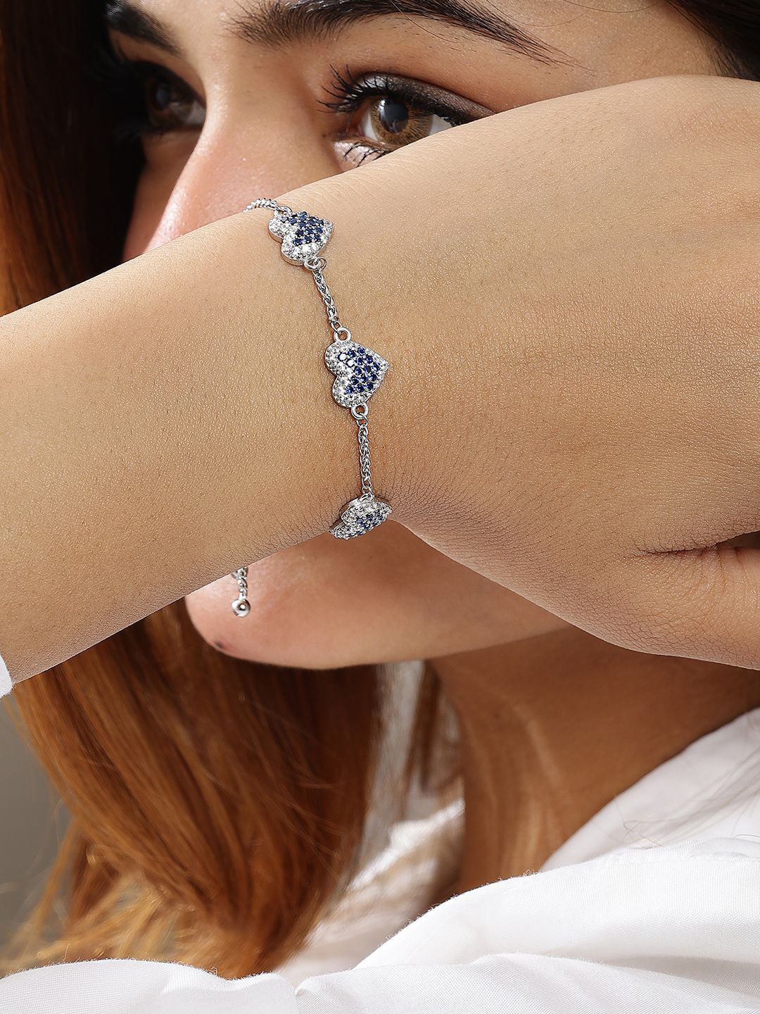 Tweov Jewels Women 925 Sterling Silver CZ Stone Studded Triple Heart Chain Bracelet