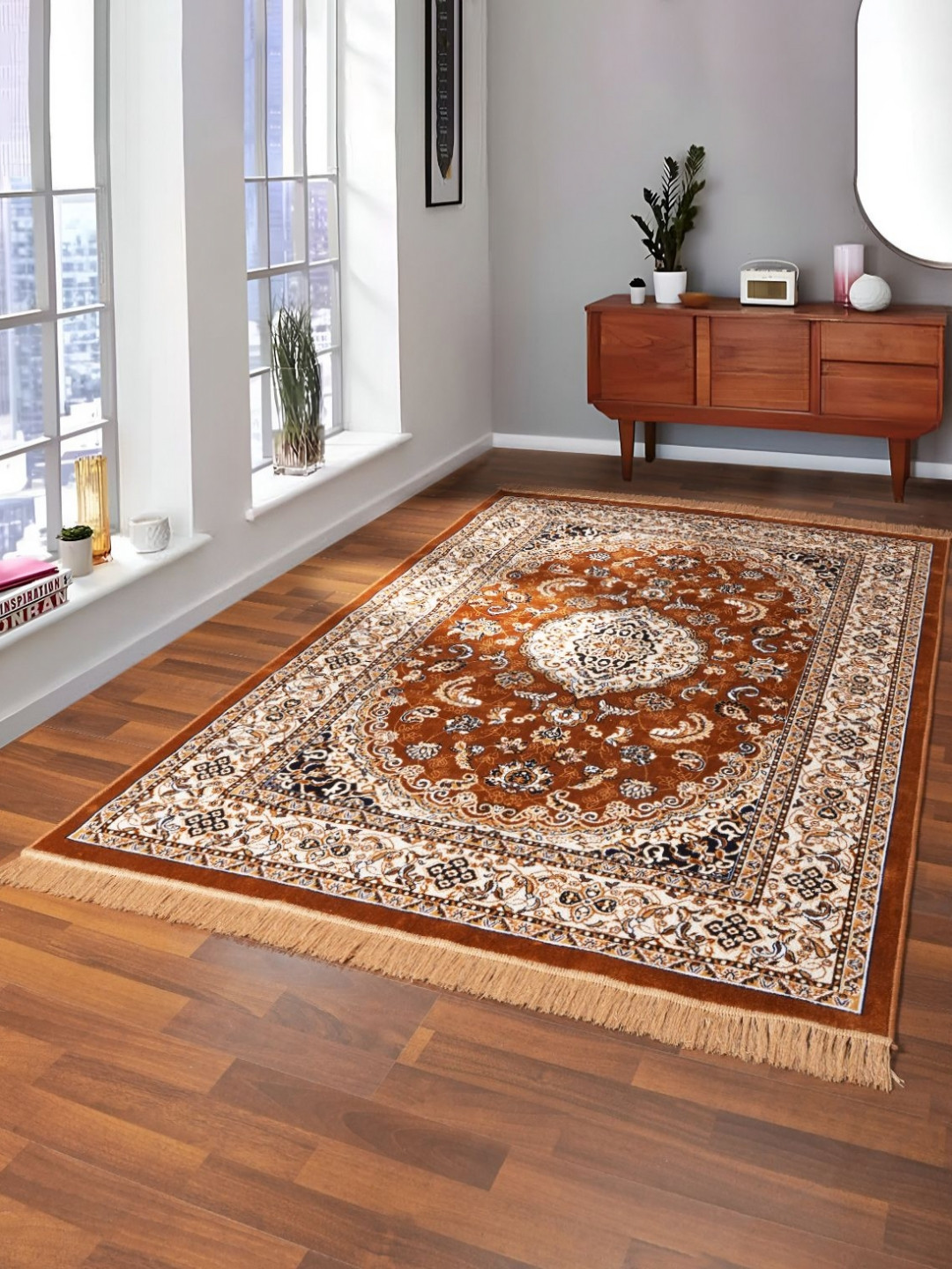 GRHAMOY Gold-Toned & Red Ethnic Motifs Printed Carpet