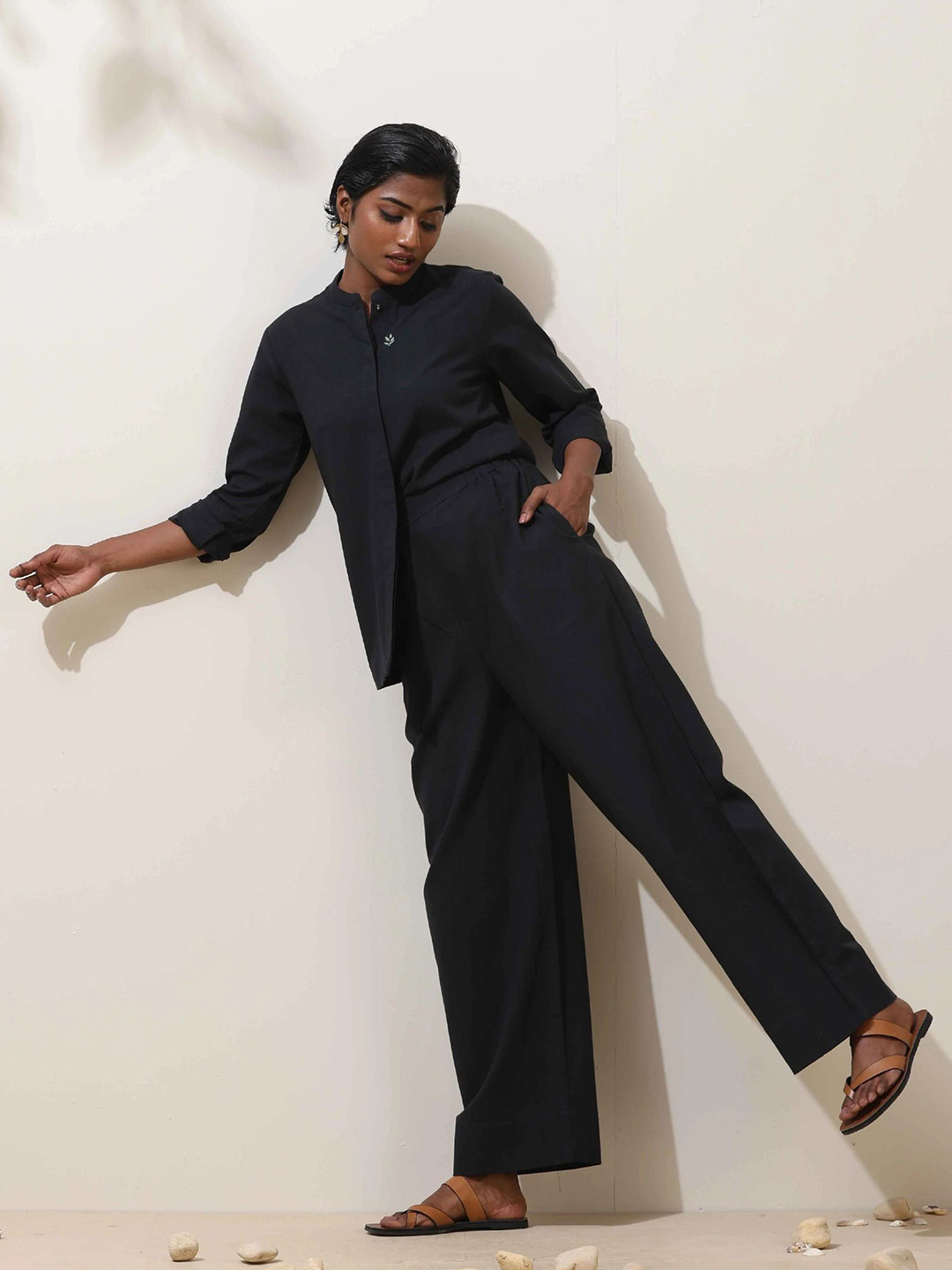 trueBrowns Mandarin Collar Shirt With Trousers Black Cotton Co-Ord Set