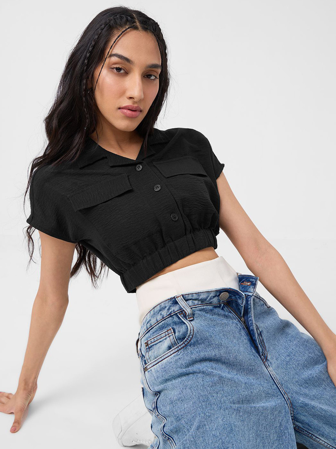The Souled Store Women Textured Shirt Style Utility Pockets Detailing Crop Top
