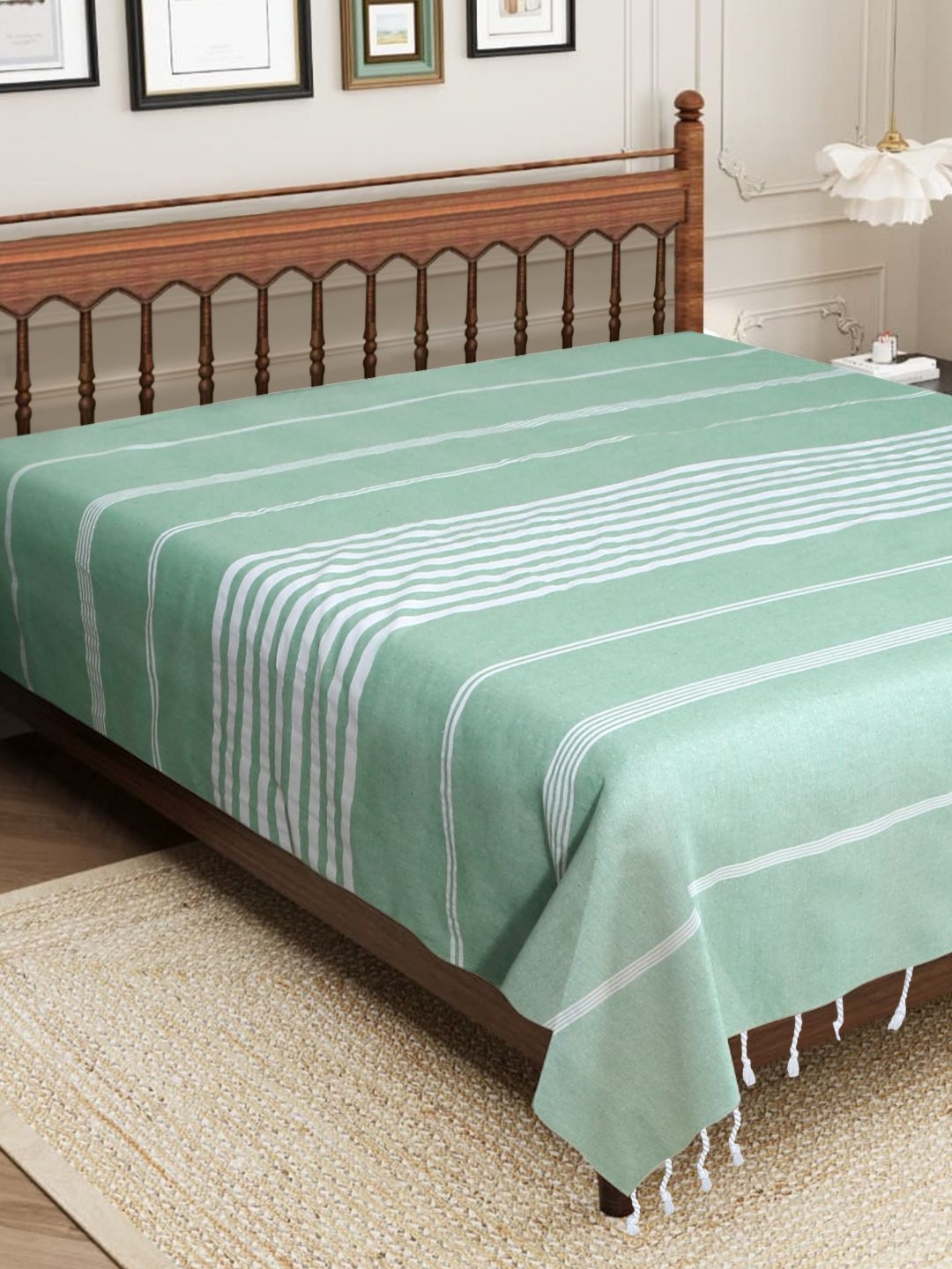 Aura Green Striped Cotton 210 TC King Fine Bedsheet -90 x 100 inches
