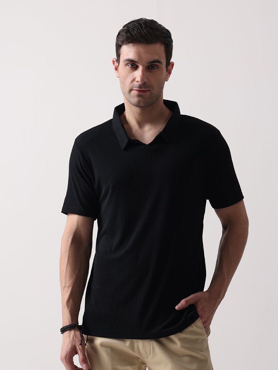 SZN Self Design Polo Collar Extended Sleeves Pockets T-Shirt