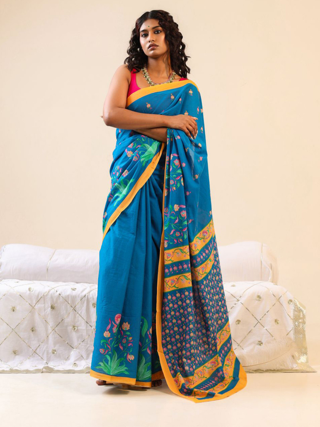 BUTA BUTI Aasmani Floral Printed Pure Cotton Saree