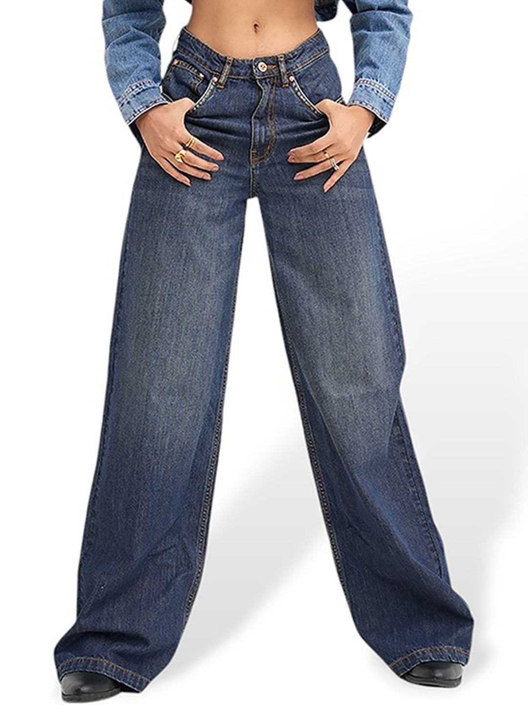 DAYER Women Wide Leg High-Rise Highly Distressed Light Fade Jeans