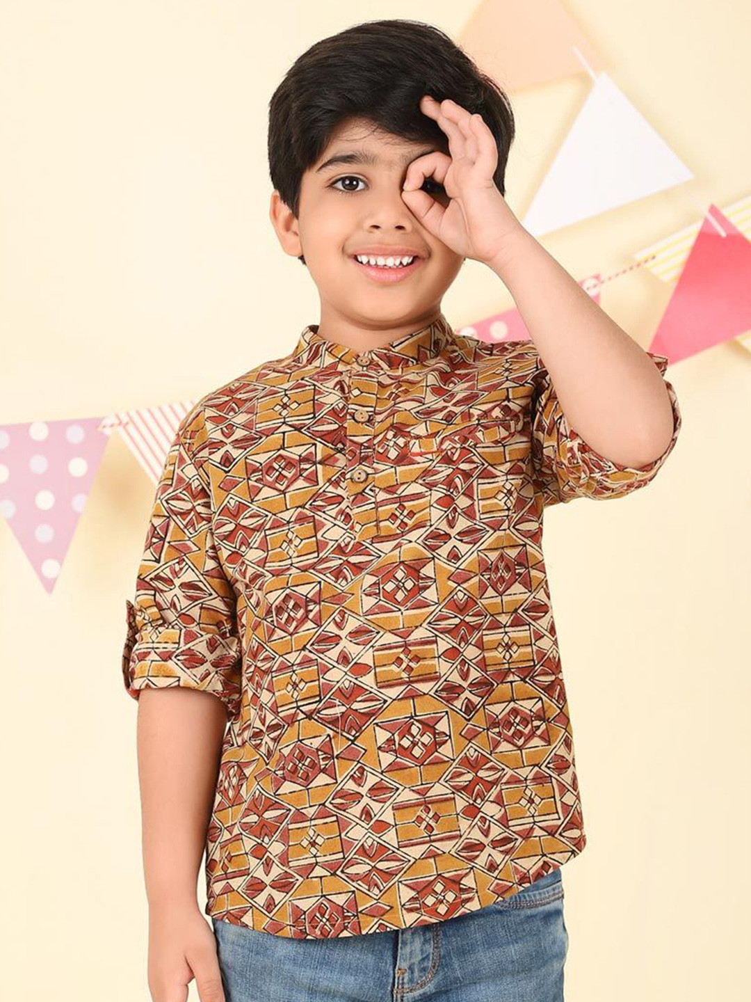 Fabindia Boys Kalamkari Printed Mandarin Collar Cotton Kurta