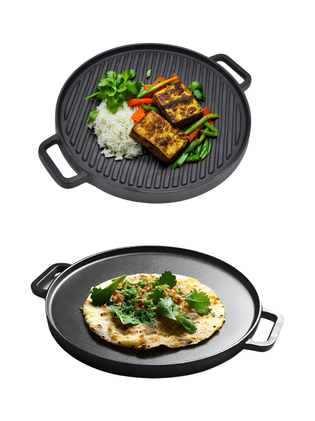 HOMEESSENTIALS Black Iron Induction Base 2 in 1 Grill & Tawa Pan With Glass Lid
